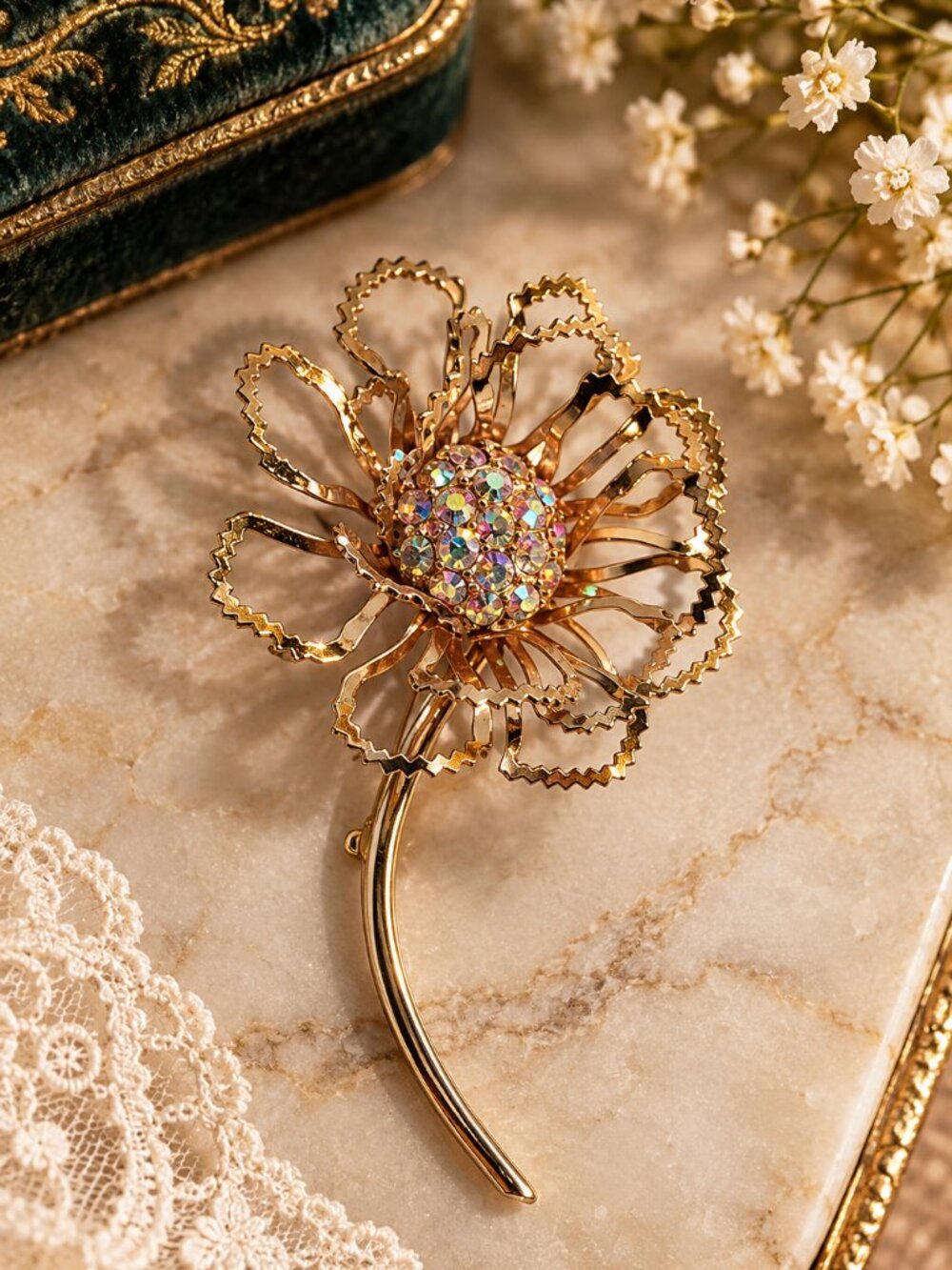 Vintage Gold Tone Openwork Flower Brooch with Aurora Borealis Rhinestones